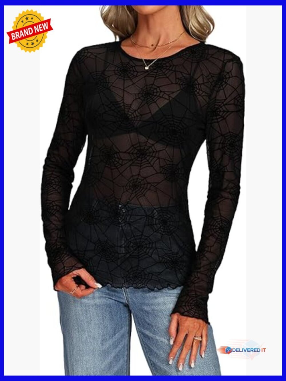 Sheer Mesh Long Sleeve Top Crew Neck See Through Tee Party Night Lace Blouse